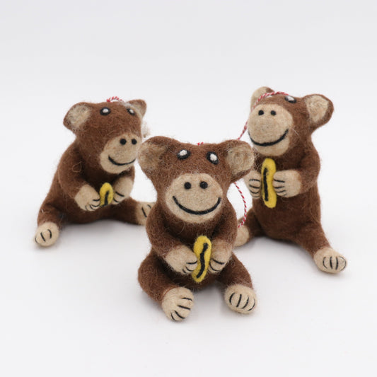Handmade Wool Felt Monkey Ornament with Banana – Needle Felt Animal Decor