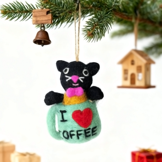 Handmade Black Cat in Mug Wool Felt Ornament