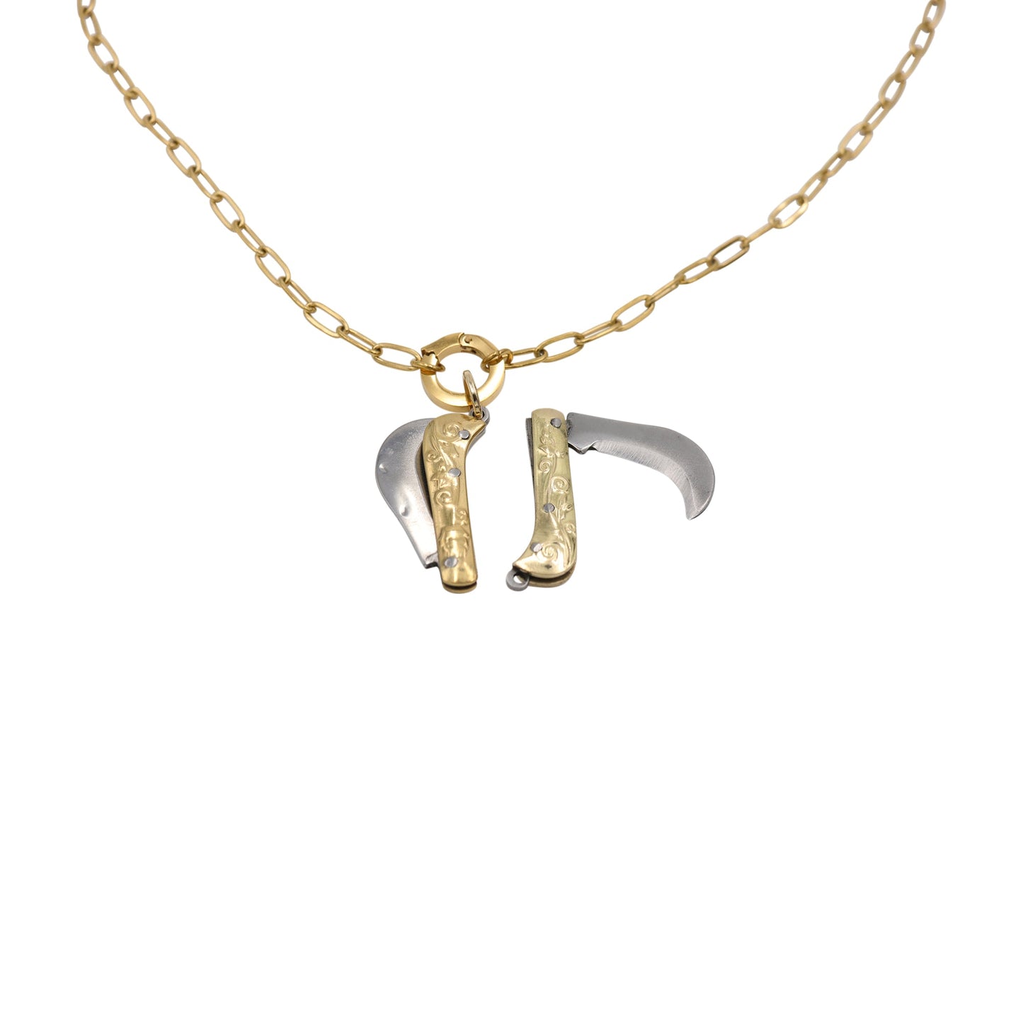 Mini Folding Knife Necklace – Gold Tone Curved Blade Pendant