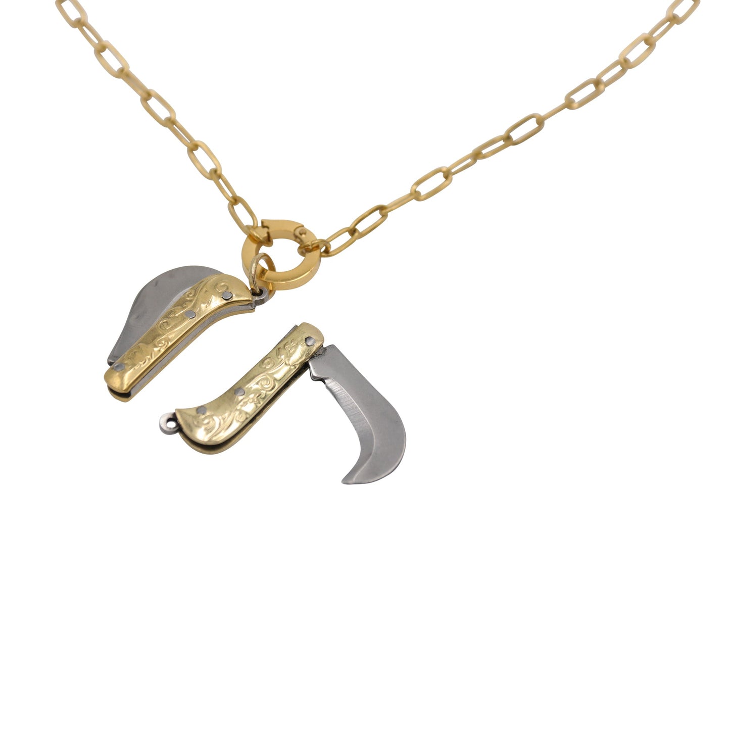 Mini Folding Knife Necklace – Gold Tone Curved Blade Pendant