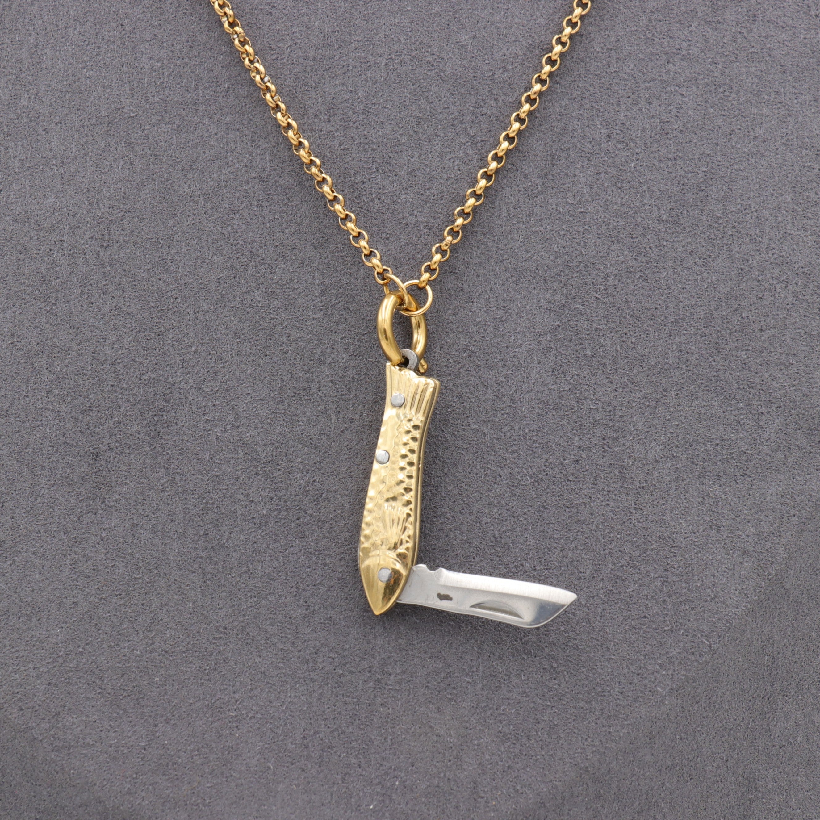 Mini Folding Fish Knife Necklace – Gold Tone with Jellyfish Charm