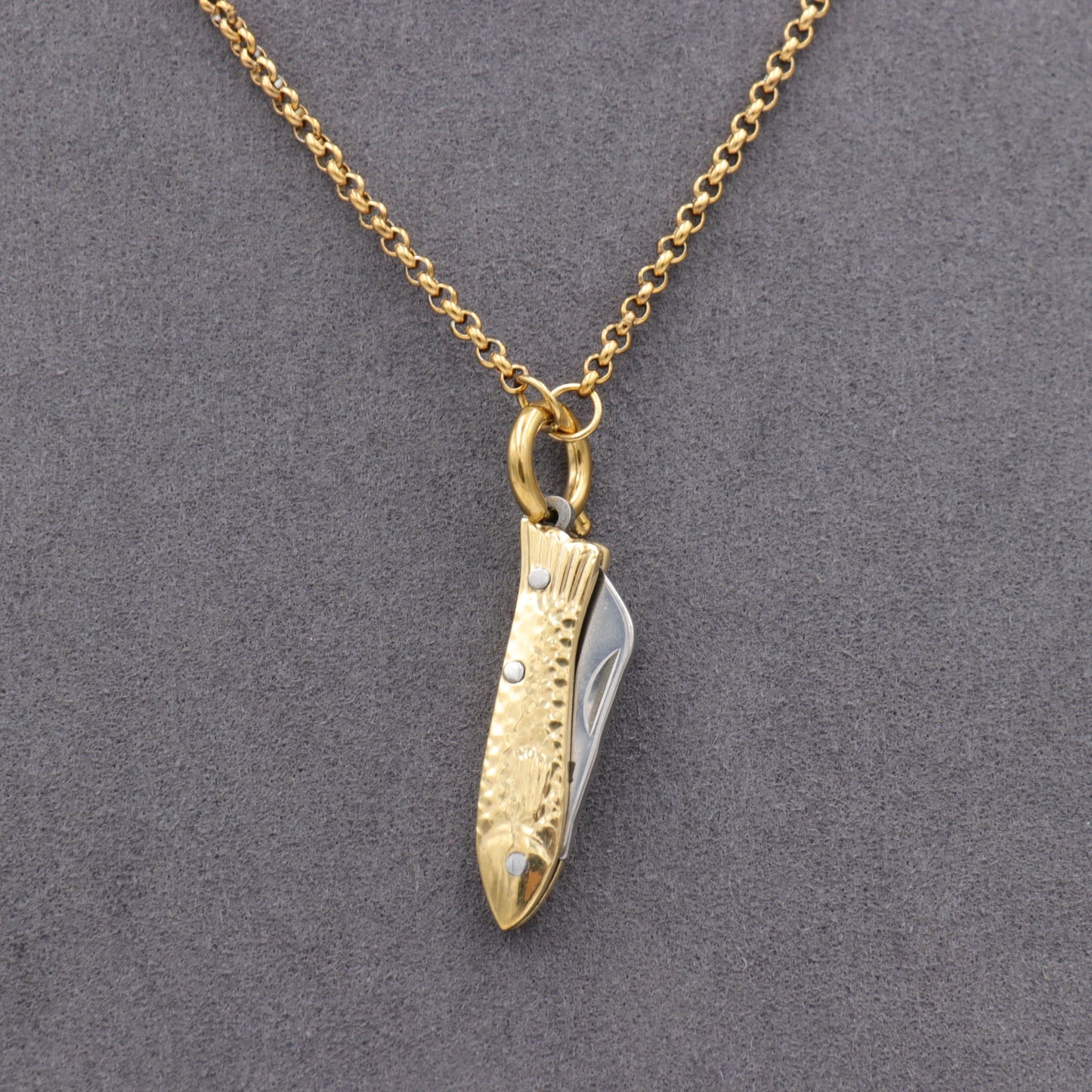 Mini Folding Fish Knife Necklace – Gold Tone with Jellyfish Charm