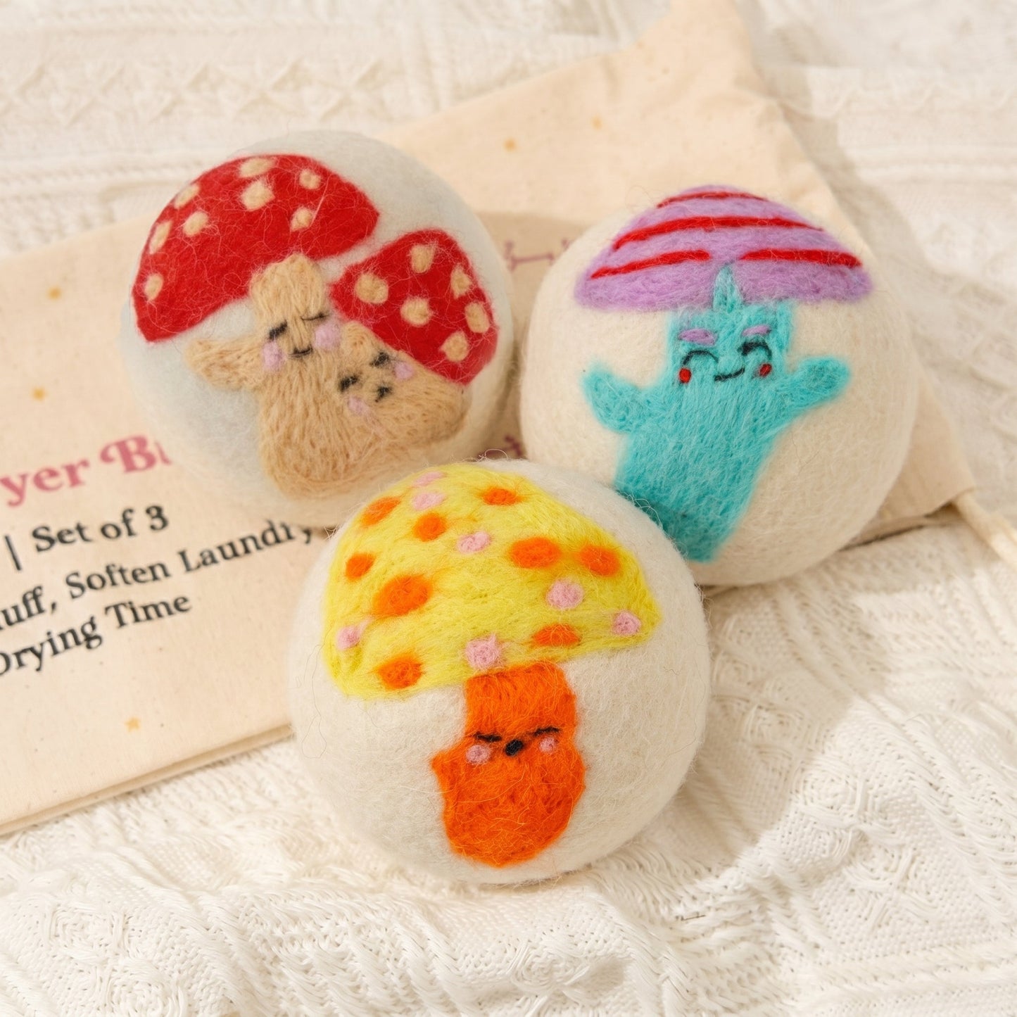 Mushroom Eco Wool Laundry Dryer Balls – Set of 3