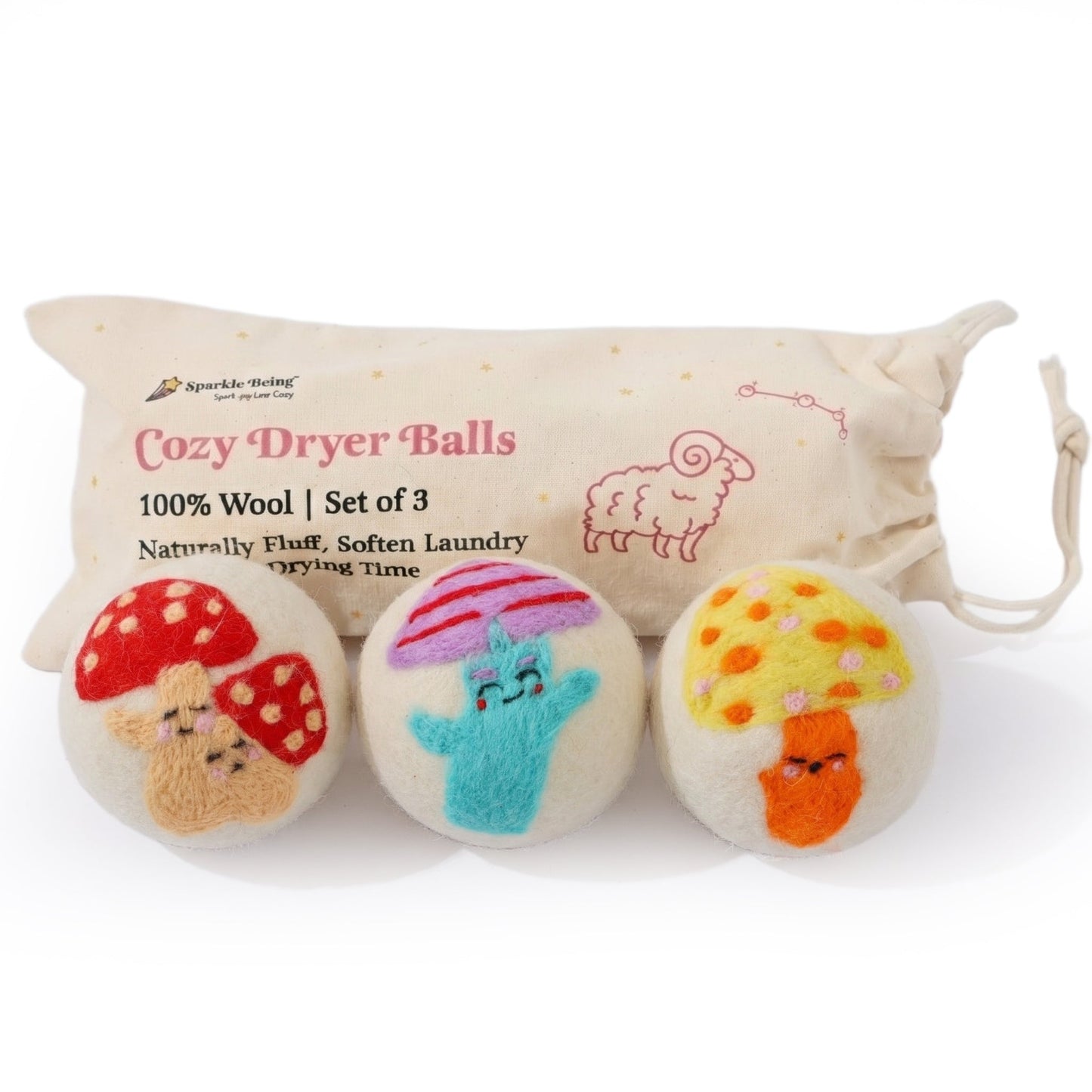 Mushroom Eco Wool Laundry Dryer Balls – Set of 3