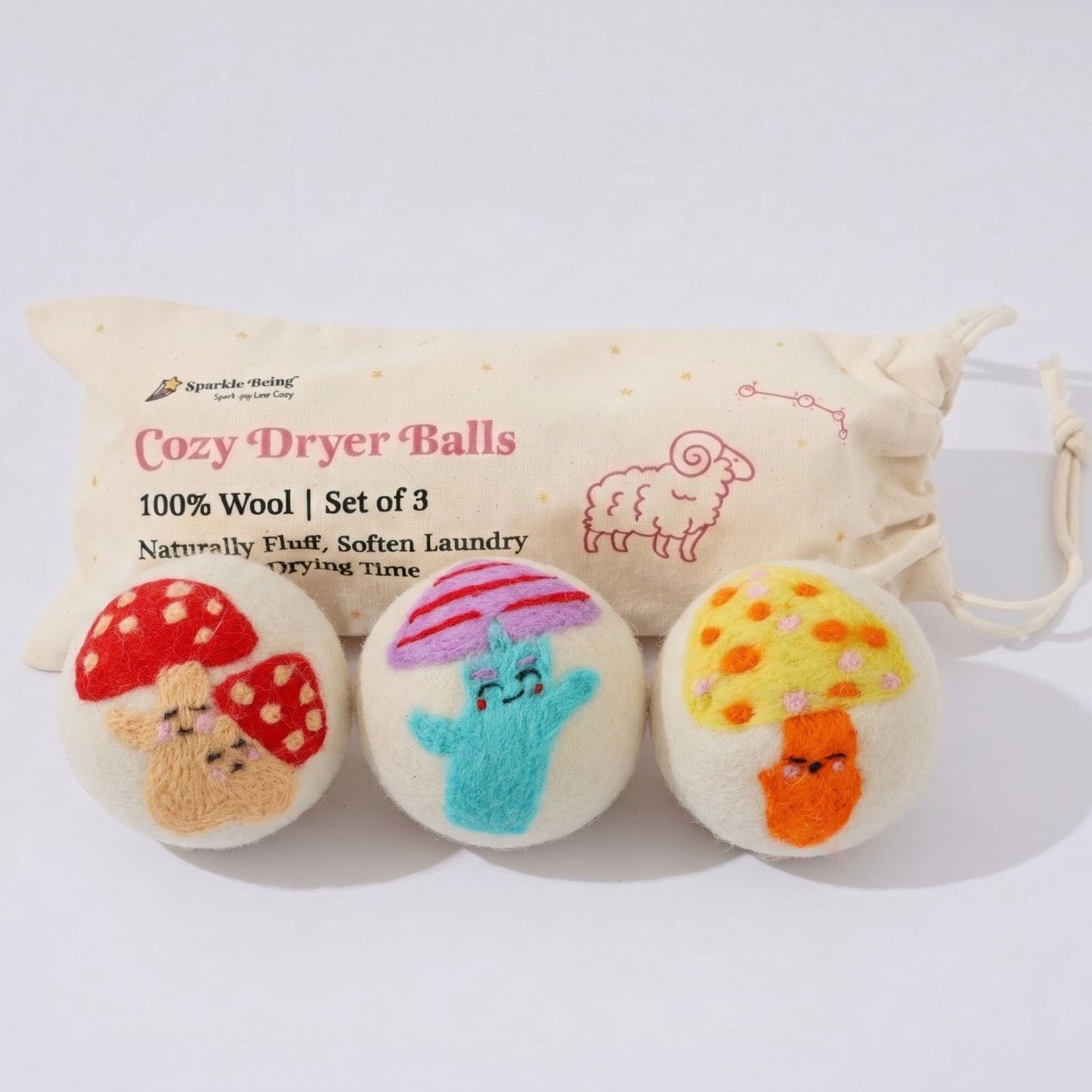 Mushroom Eco Wool Laundry Dryer Balls – Set of 3
