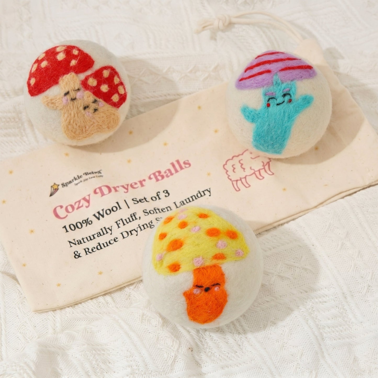 Mushroom Eco Wool Laundry Dryer Balls – Set of 3