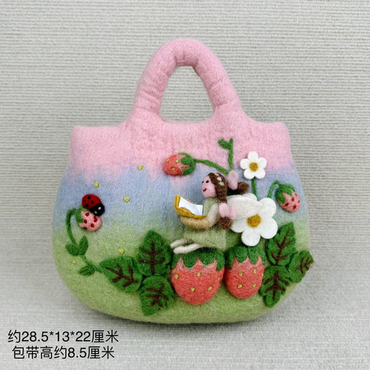 Whimsical Strawberry Elf Wool Felt Handbag - Handcrafted Forest Fantasy Purse