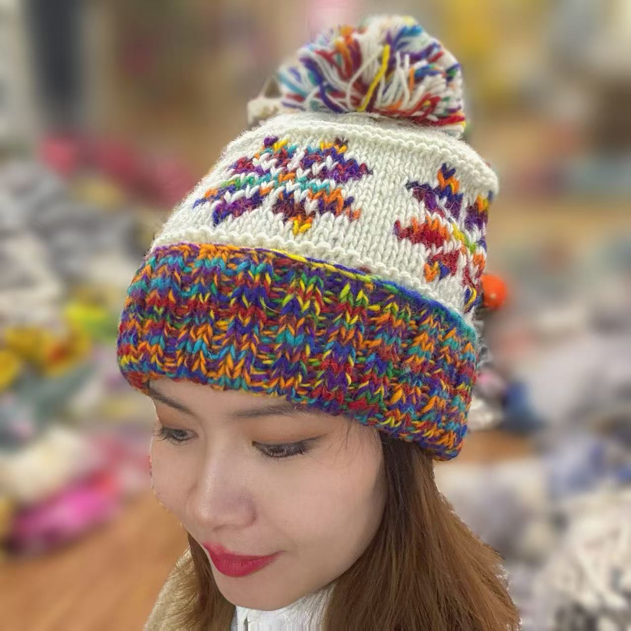 Handmade Wool Knitted Hat - White Snowflake