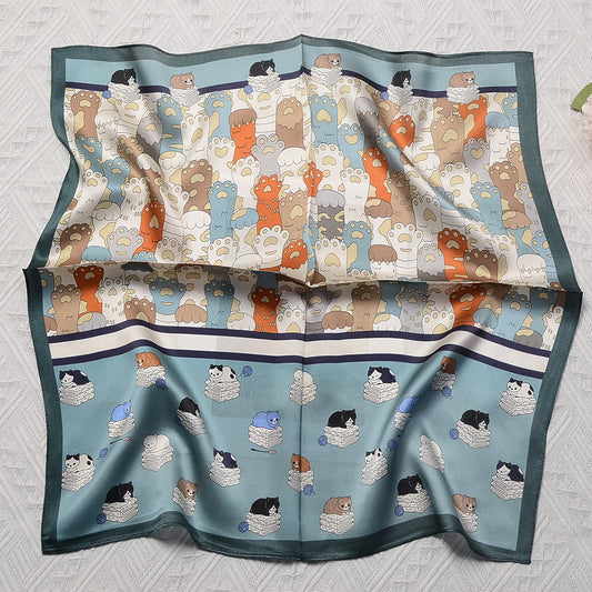 Mulberry Silk Cat Print Square Scarf - Women's Summer Fashion Accessory