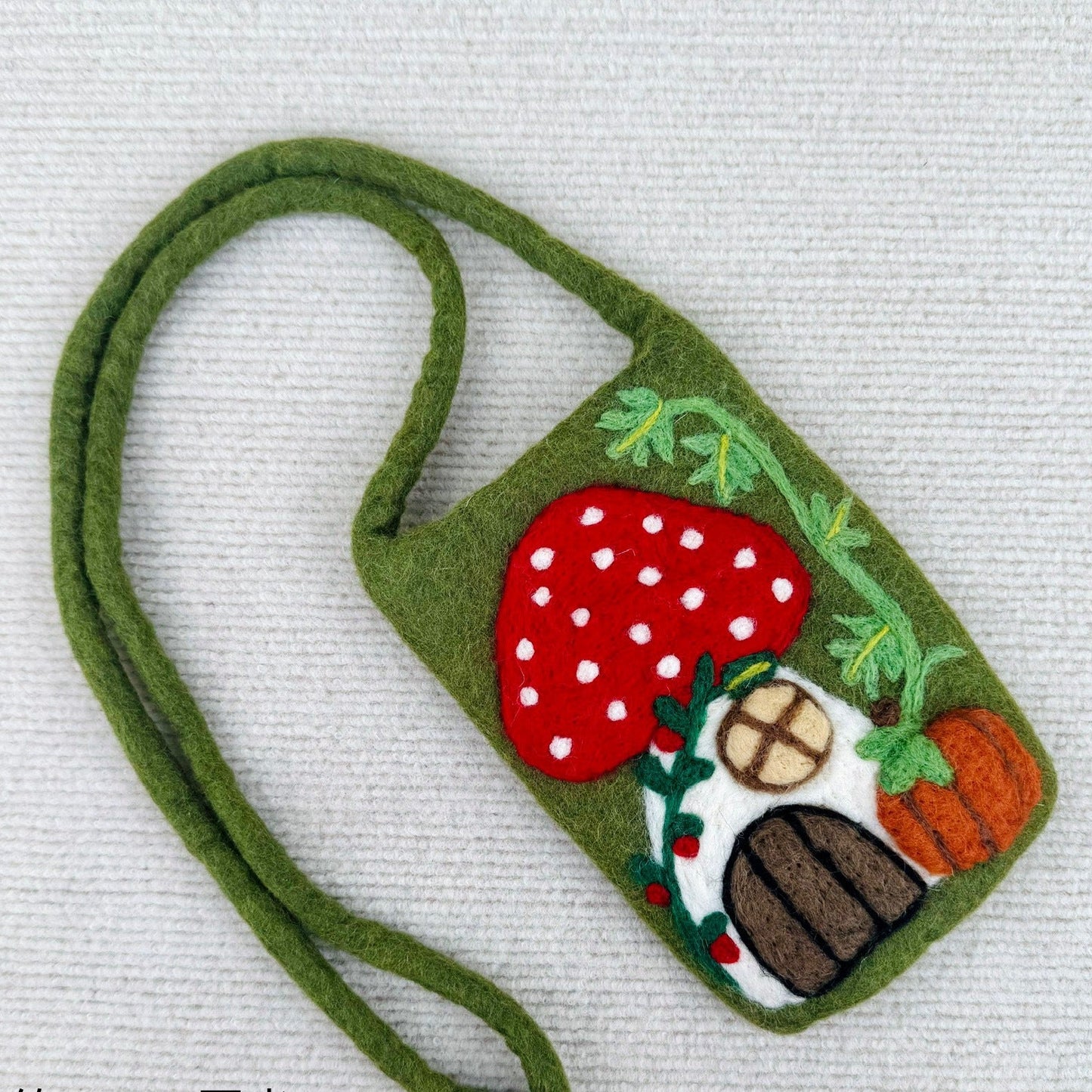 Whimsical Mushroom House Phone Bag - Handmade Wool Felt Crossbody Purse