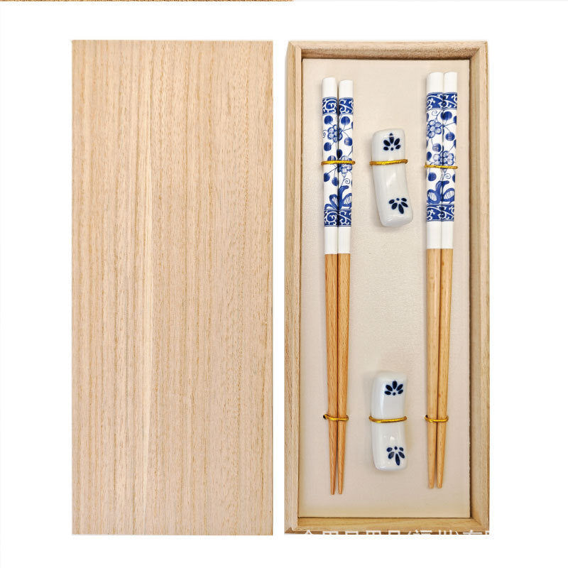 Japanese-Style Blue and White Chopstick Set with Ceramic Rests - Wooden Gift Box
