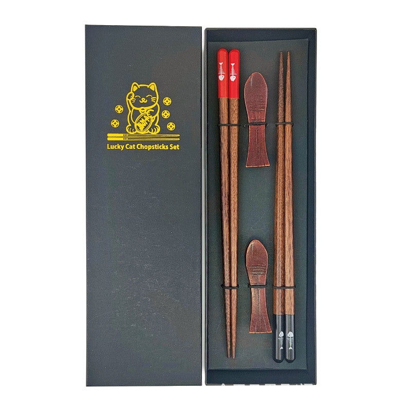 Japanese-Style Chopsticks with Fish Rest - Black Gift Box