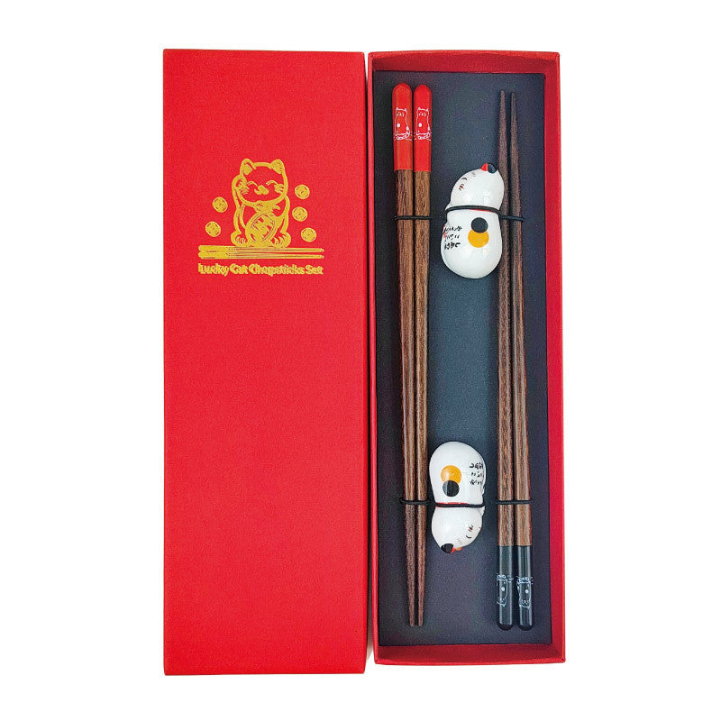 Japanese-Style Chopsticks with Cat Rest - Red Gift Box