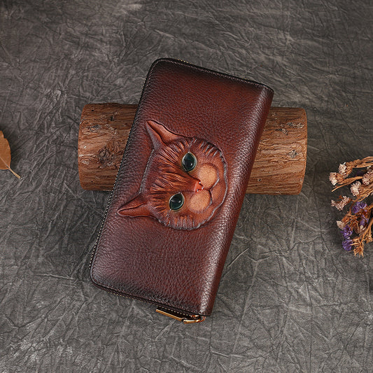 Embossed Leather Cat Wallet