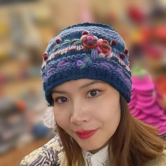 Handmade Wool Knitted Hairband - Blue Flower