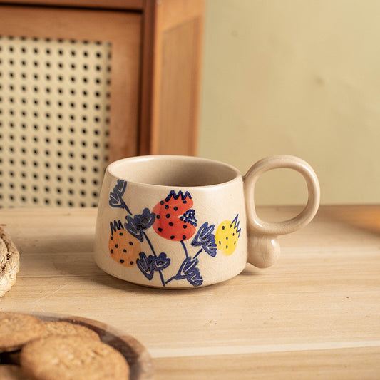 Japanese Hand-Painted Ceramic Coffee Mug - Strawberry Flower Design