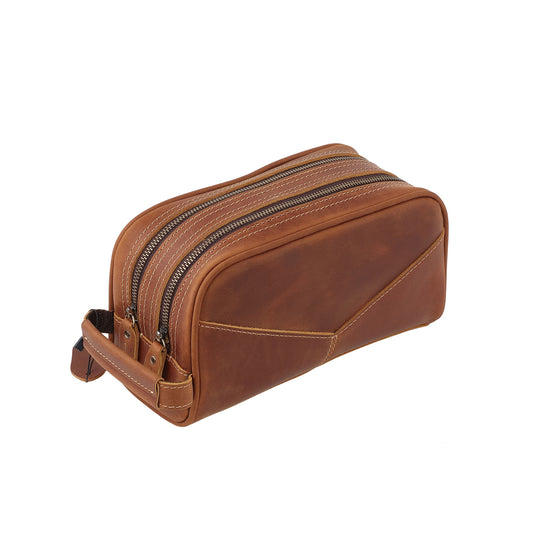 Vintage Brown Leather Toiletry Bag – Double Zip Travel Dopp Kit