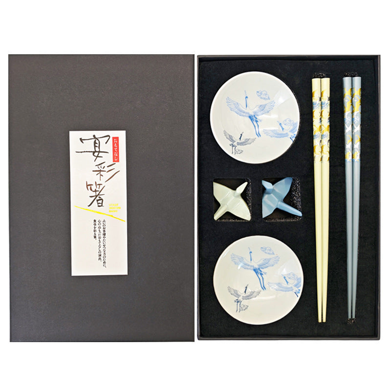 Japanese-Style Chopsticks with Crane-Rests and Bowls - Black Gift Box