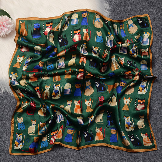 Elegant Mulberry Silk Scarf - Versatile Kitten Print for Women