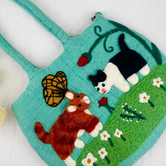 Handmade wool felt cat garden shoulder bag