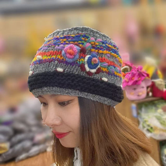 Handmade Wool Knitted Hairband - Grey Flowers