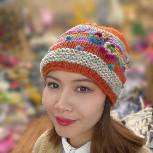 Handmade Wool Knitted Hat - Orange Flowers