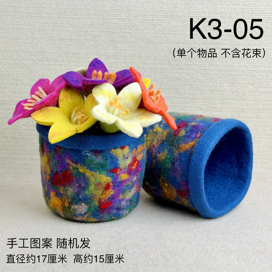 Handmade Wool Felt Flower Pot Storage Basket - Oil Painting Style Home Decor