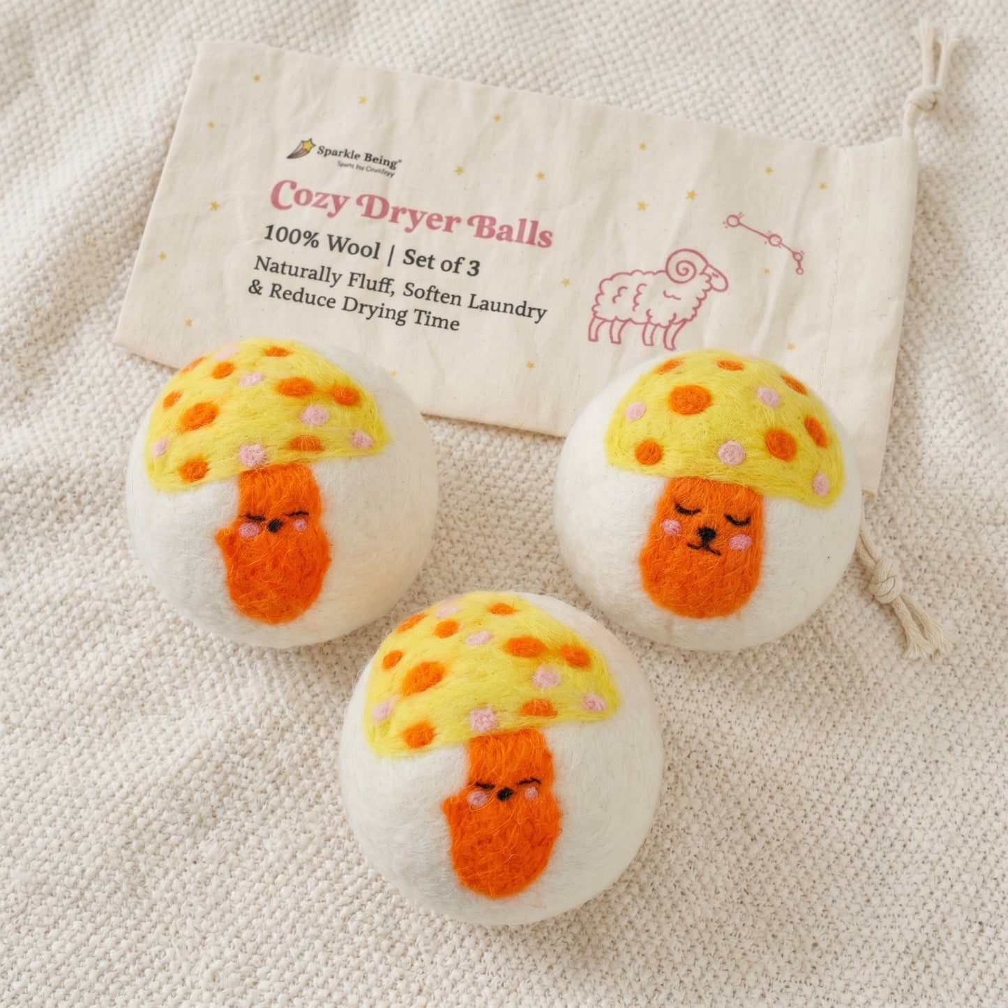 Yellow Mushroom Eco Wool Laundry Dryer Balls - Set of 3