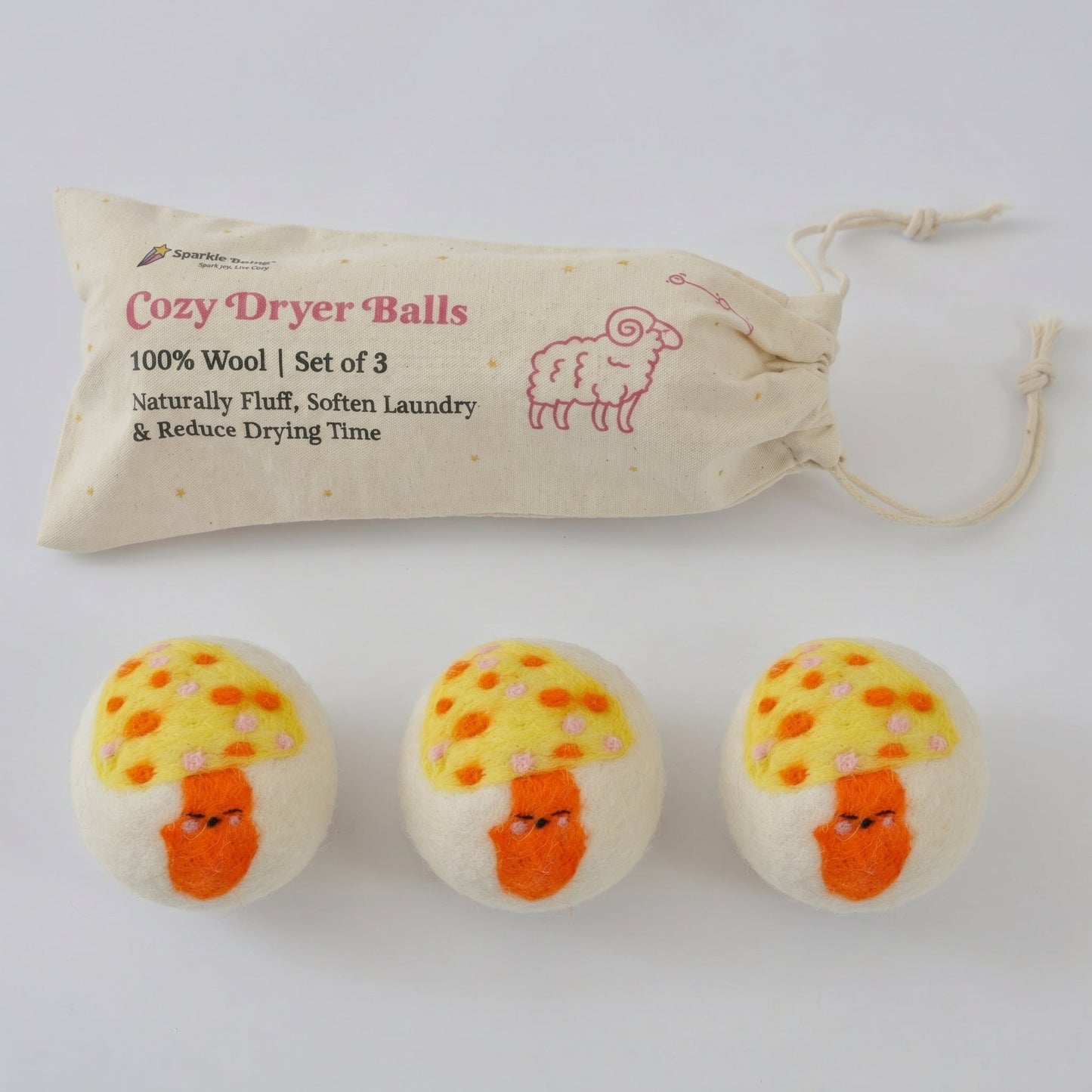 Yellow Mushroom Eco Wool Laundry Dryer Balls - Set of 3