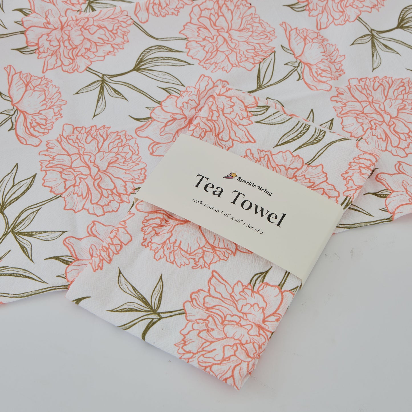 Peony Floral Kitchen Tea Towels – Set of 2 | 100% Cotton Dish Towels