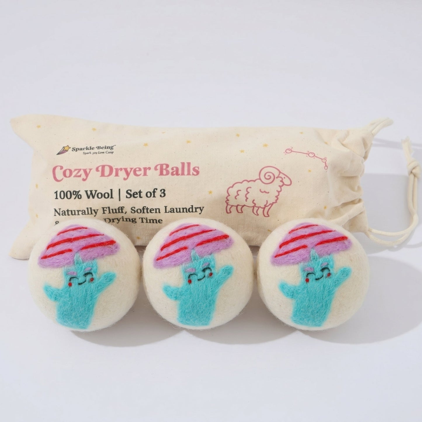 Pink Mushroom Eco Wool Laundry Dryer Balls - Set of 3