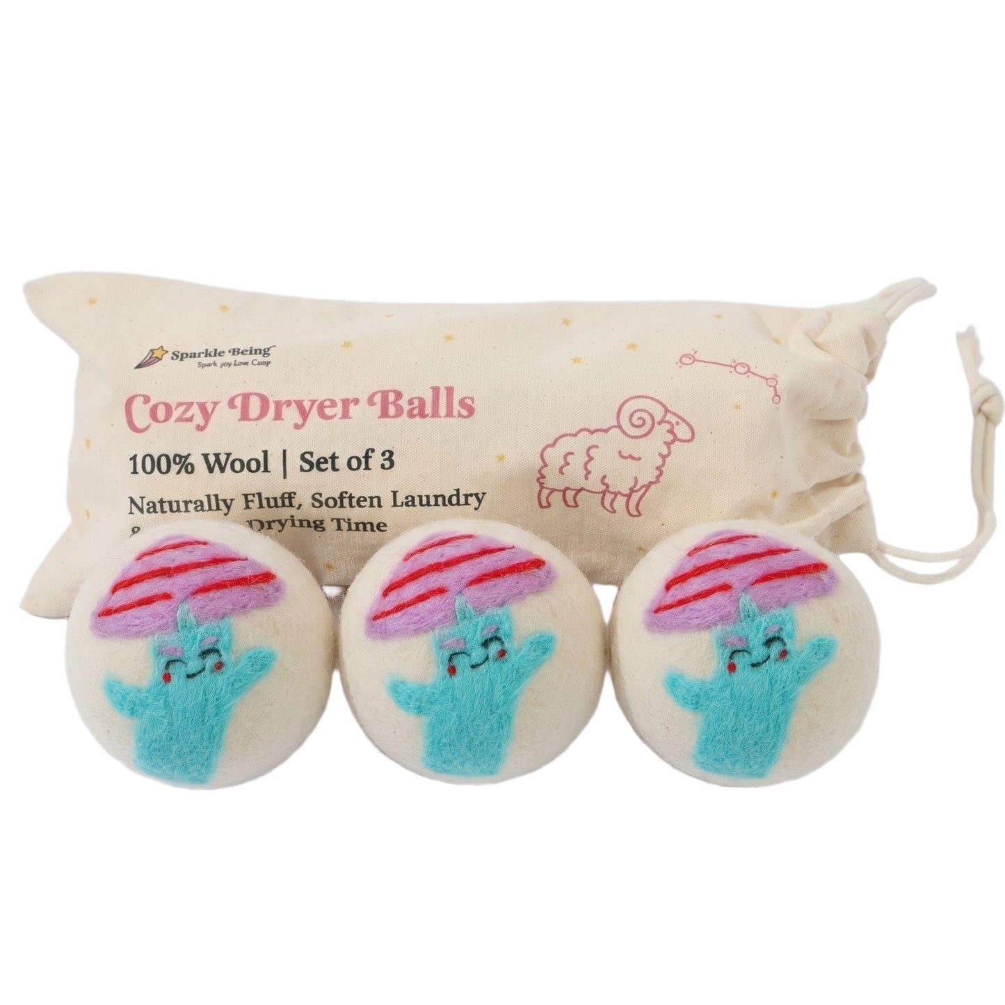 Pink Mushroom Eco Wool Laundry Dryer Balls - Set of 3