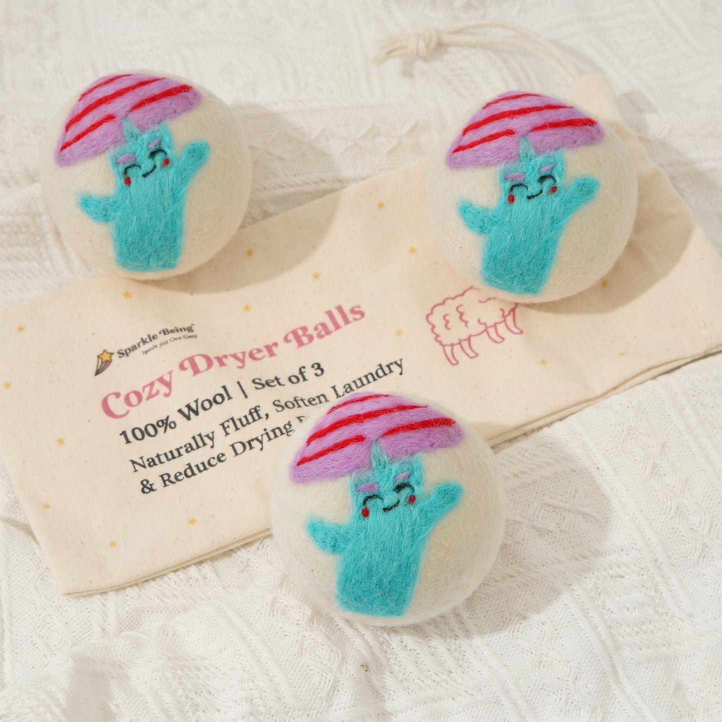 Pink Mushroom Eco Wool Laundry Dryer Balls - Set of 3