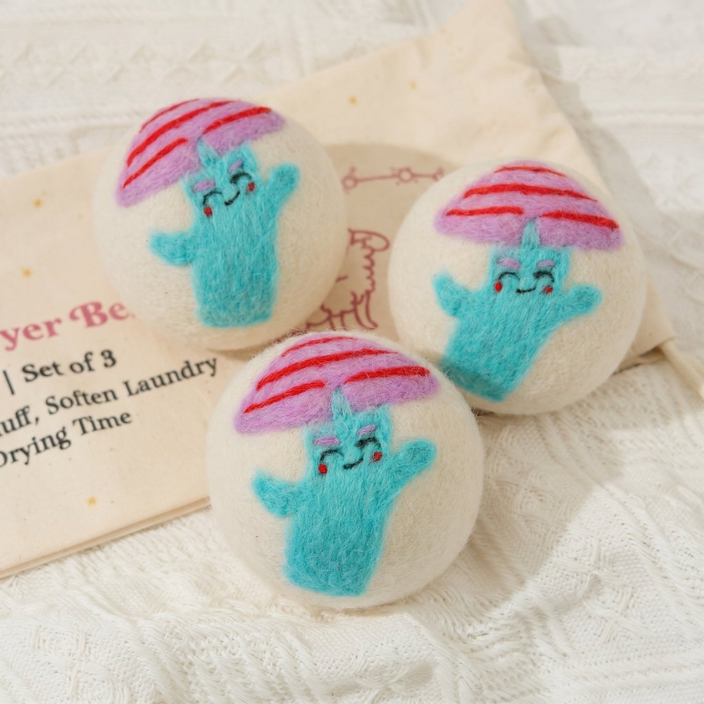 Pink Mushroom Eco Wool Laundry Dryer Balls - Set of 3