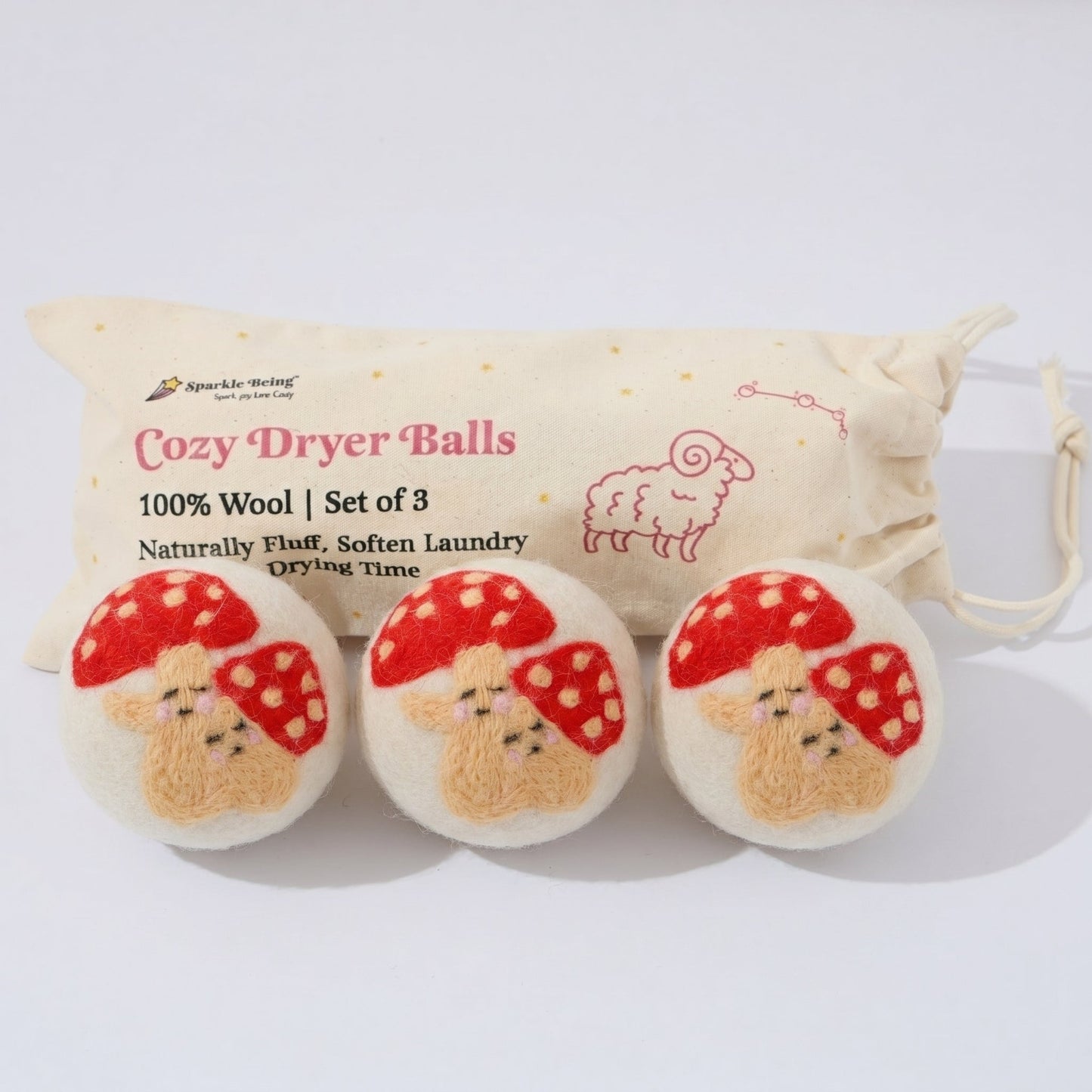 Red Mushroom Eco Wool Laundry Dryer Balls - Set of 3