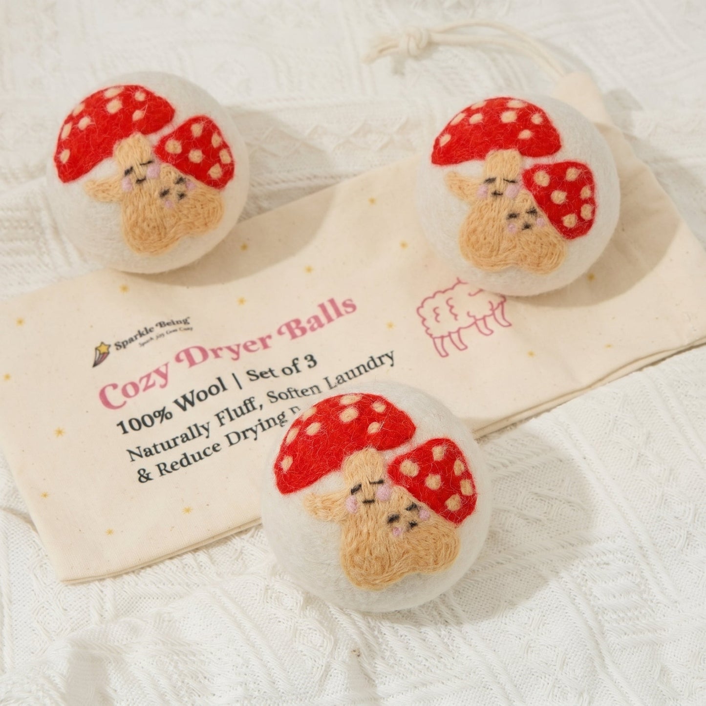 Red Mushroom Eco Wool Laundry Dryer Balls - Set of 3