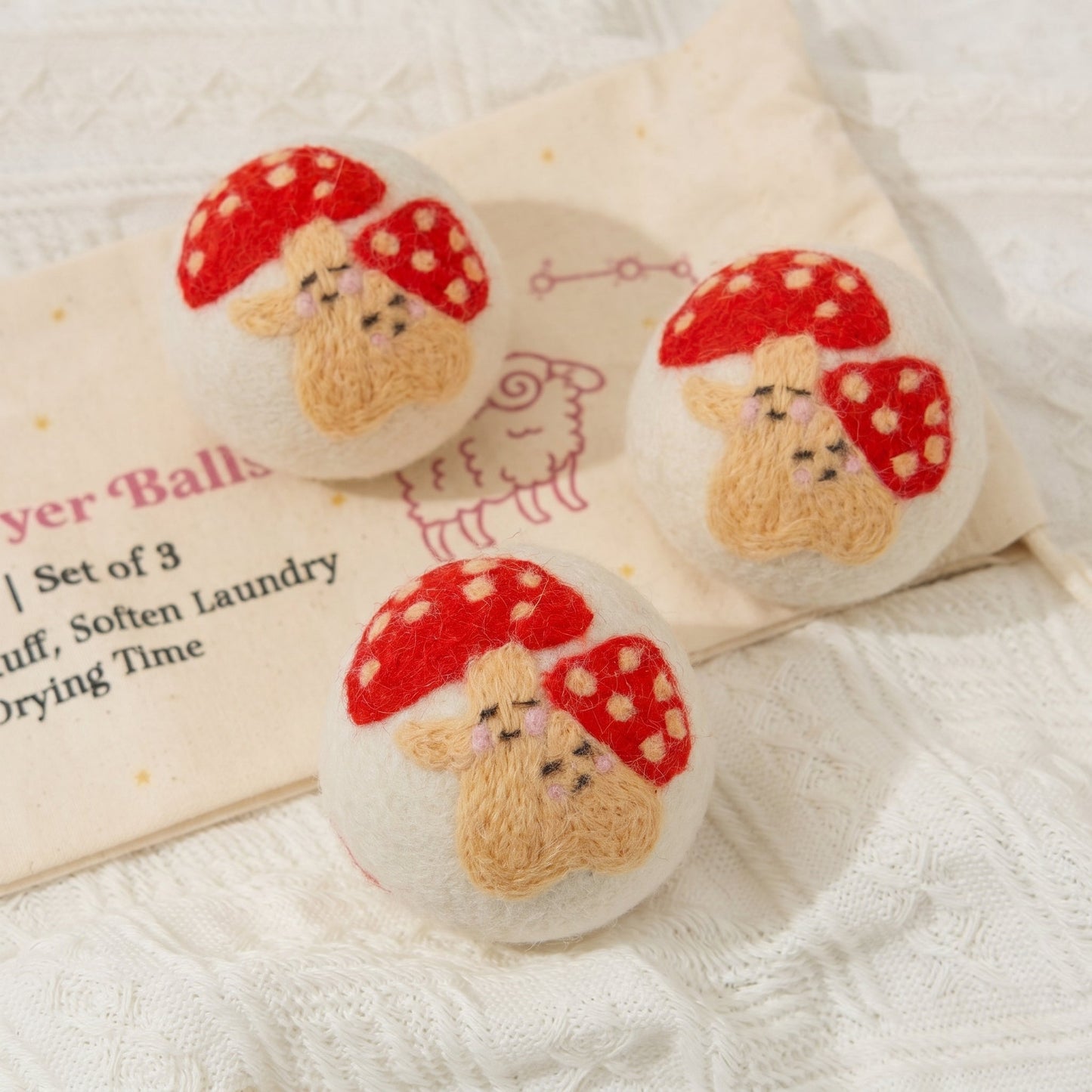 Red Mushroom Eco Wool Laundry Dryer Balls - Set of 3