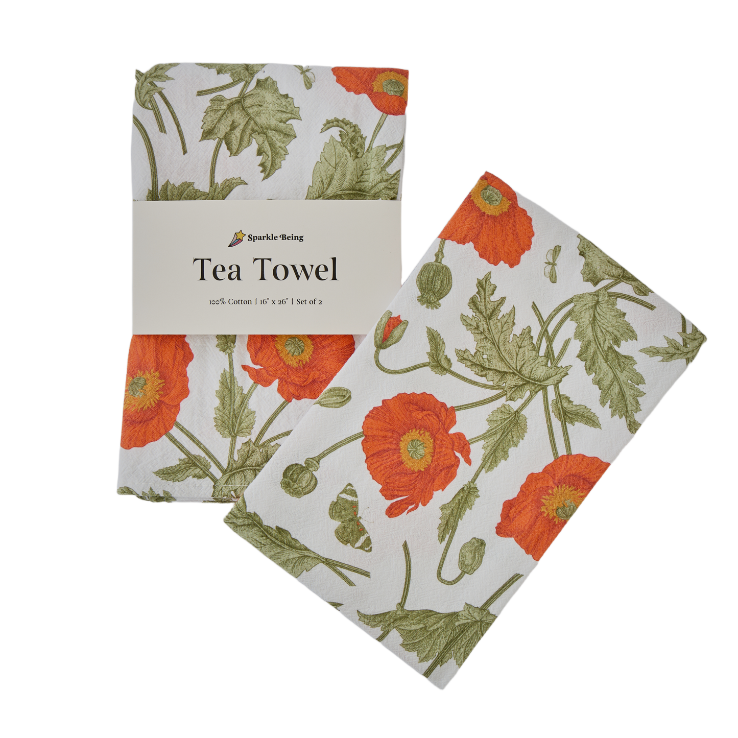 Cotton Tea Towels – Red Poppies with Butterflies Set of 2 | Floral Botanical Dish Towels