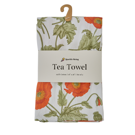 Cotton Tea Towels – Red Poppies with Butterflies Set of 2 | Floral Botanical Dish Towels