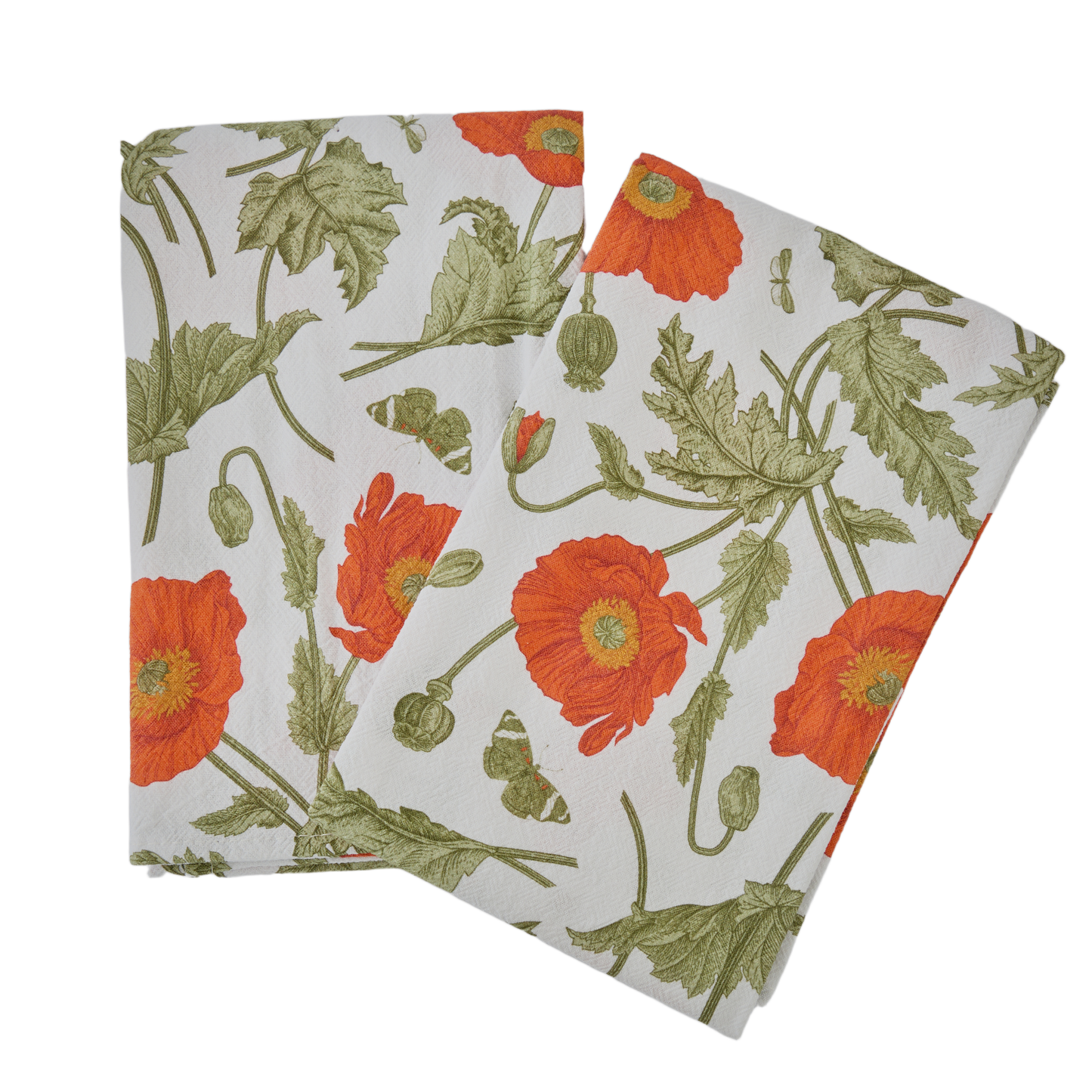 Cotton Tea Towels – Red Poppies with Butterflies Set of 2 | Floral Botanical Dish Towels
