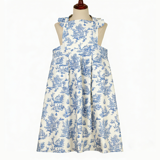 Vintage Cotton Apron with Puffed Shoulder Straps – Blue Toile