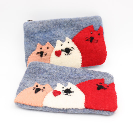 Tricolor Kitty Buddies Wool Felt Zipper Pouch