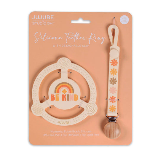 JuJuBe - Silicone Teether Ring with Detachable Clip Be Kind Rainbows