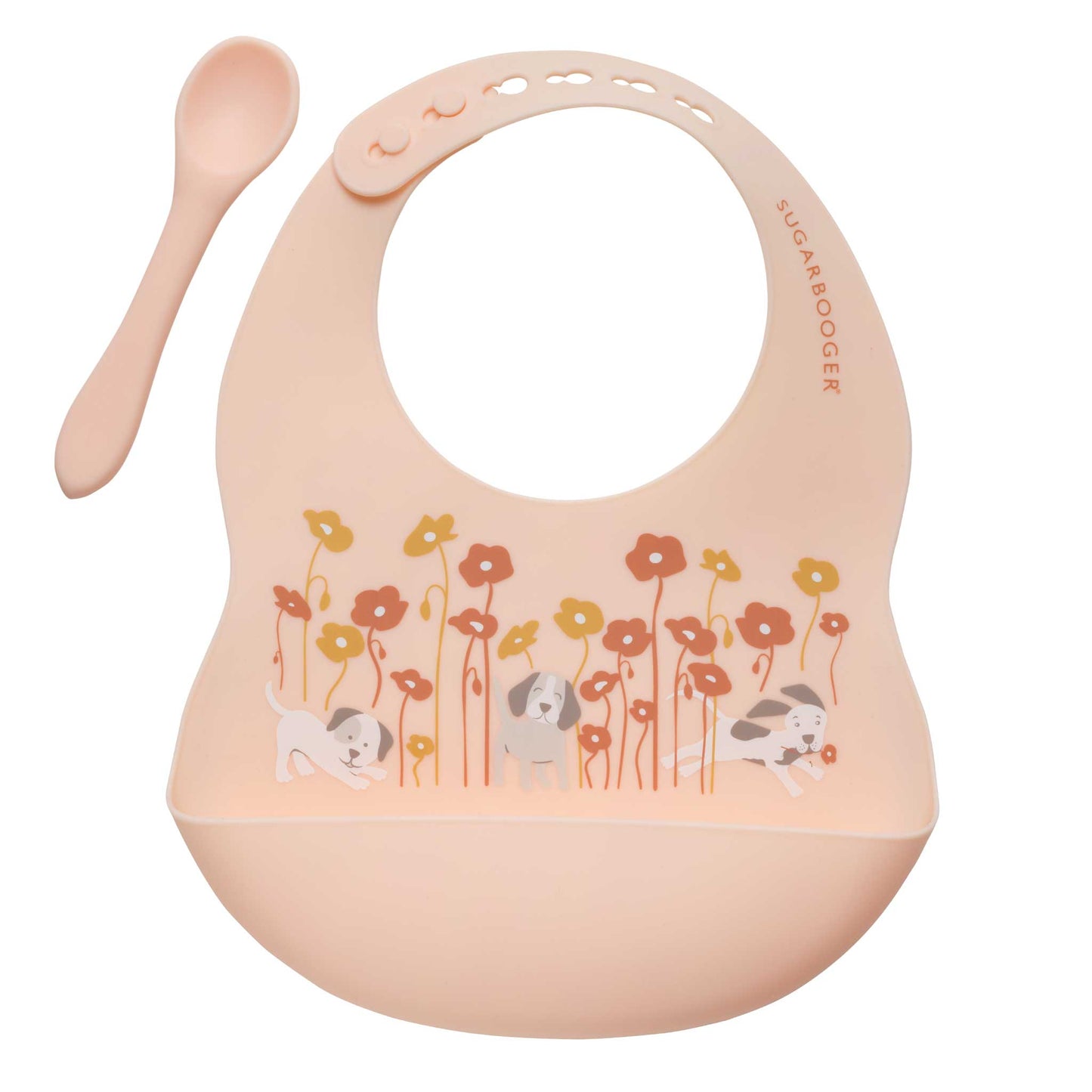 Sugarbooger by Ore’ Originals - Fresh & Messy Silicone Bib & Spoon Set | Puppies & Poppies