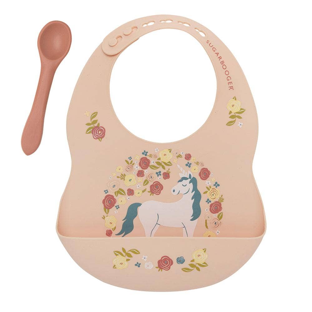 Sugarbooger by Ore’ Originals - Fresh & Messy 
Silicone Bib & Spoon Set | Unicorn