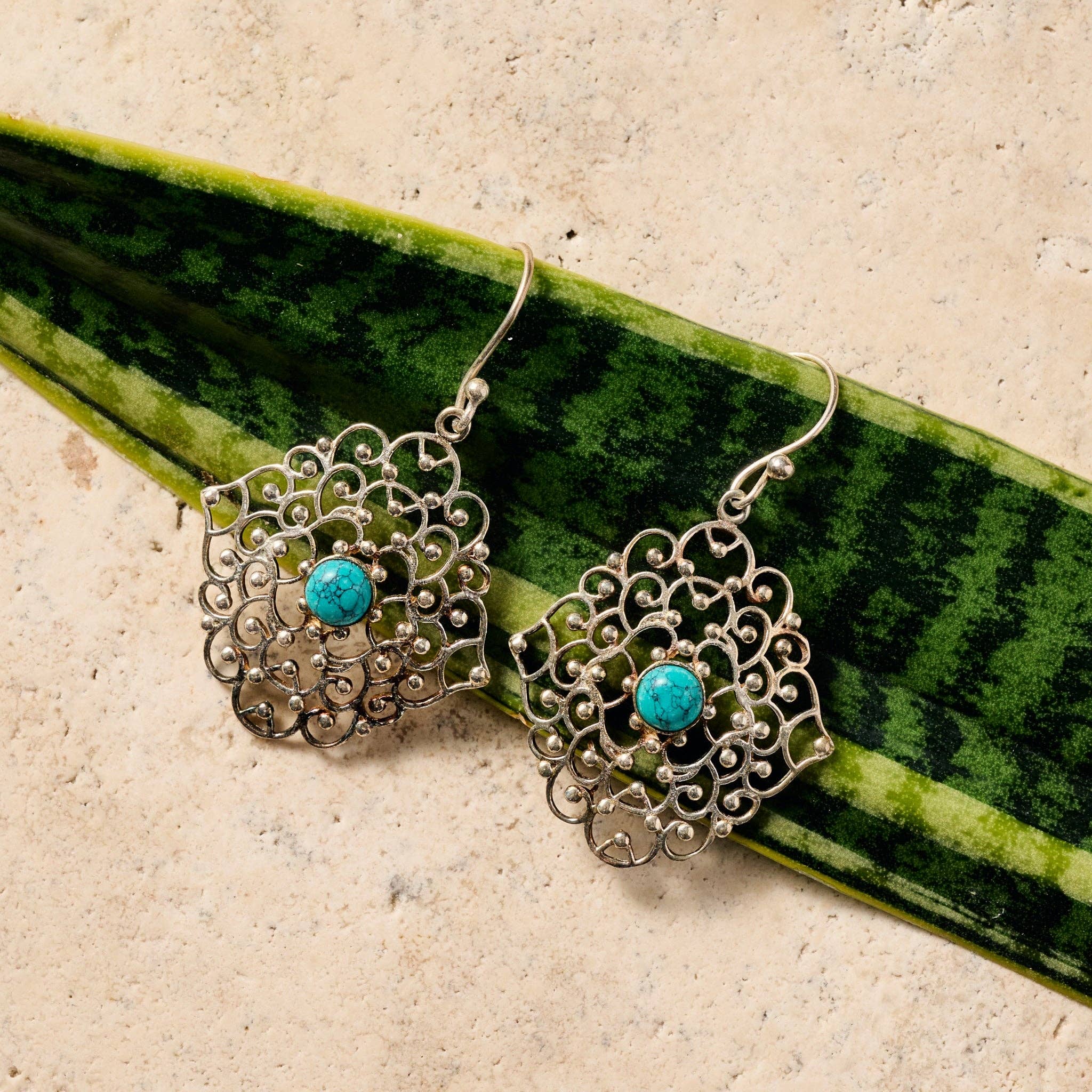 Ten Thousand Villages - Hava Silvertone Dangle Earrings w/Turquoise
