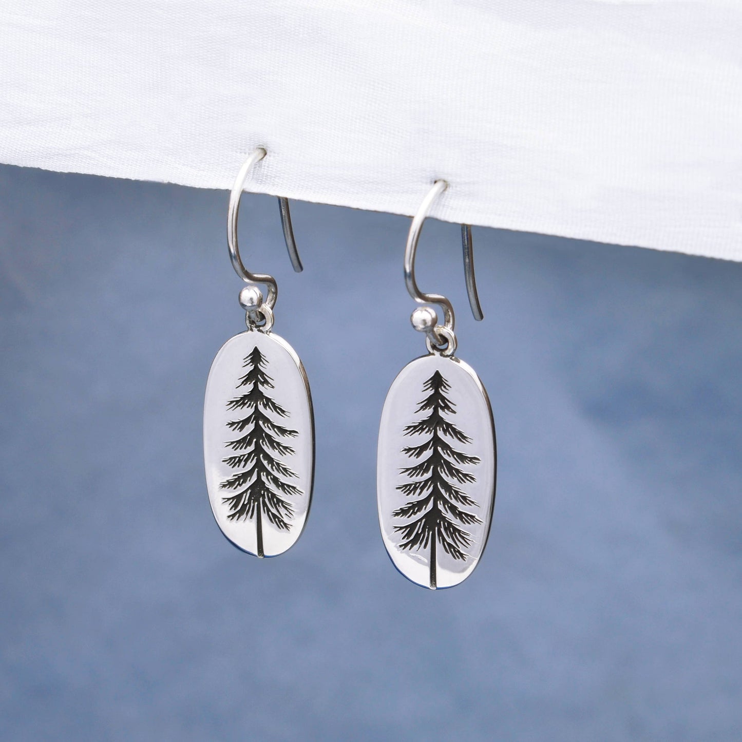 Nina Designs - Sterling Silver Oval Pine Tree Dangle Earrings 34x10mm