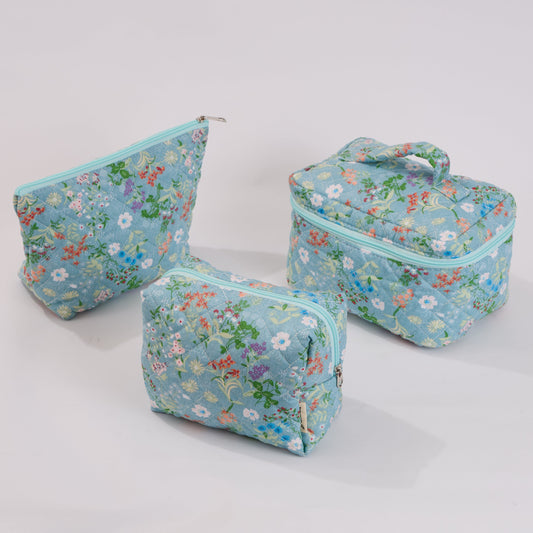 Wildflower Floral Quilted Makeup Bag - Small Pouch Travel Toiletry Organizer