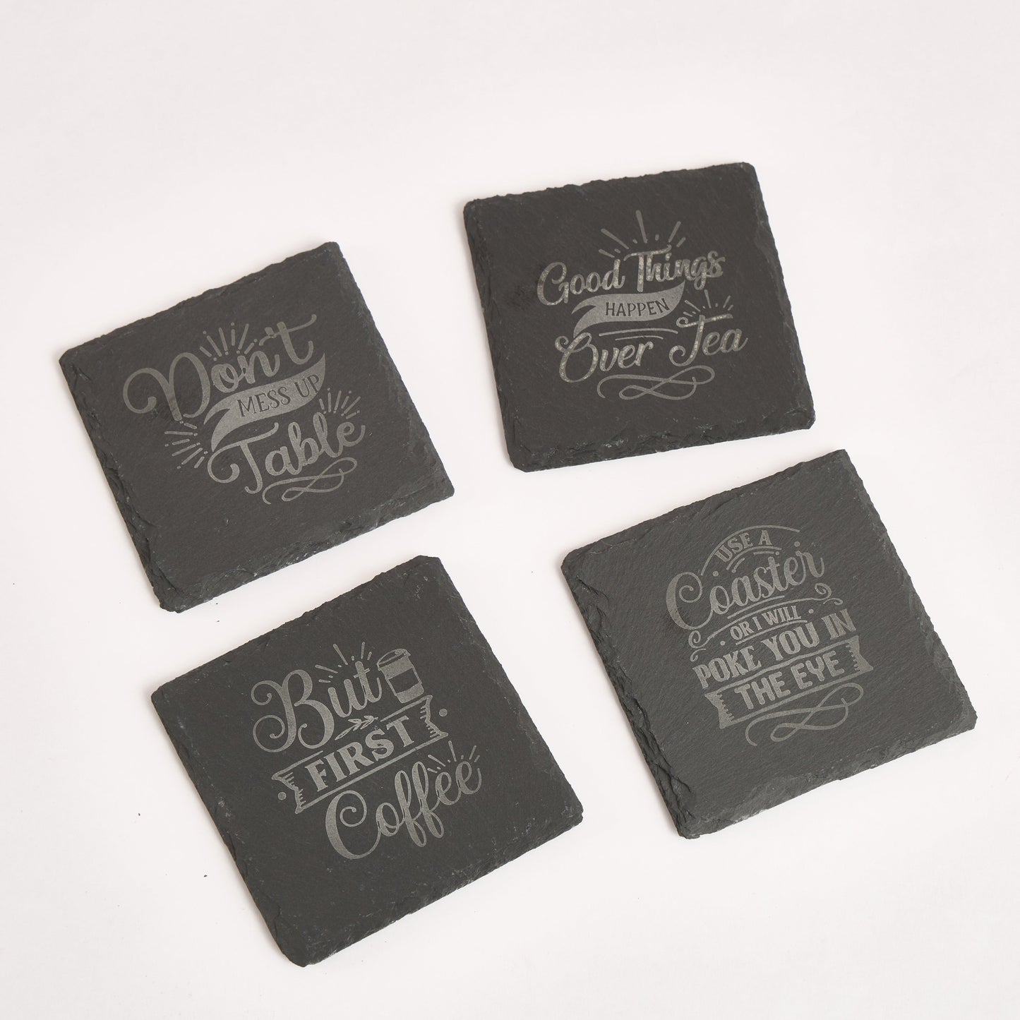Funny Slate Coaster Set – Engraved Drink Coasters with Quotes | Coffee & Tea Lovers Gift