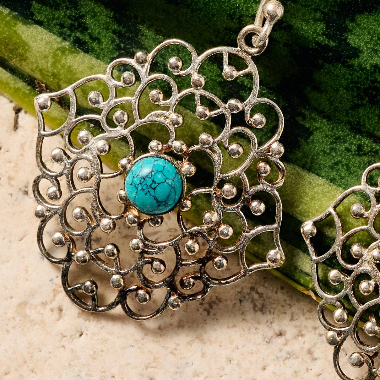Ten Thousand Villages - Hava Silvertone Dangle Earrings w/Turquoise